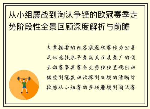 从小组鏖战到淘汰争锋的欧冠赛季走势阶段性全景回顾深度解析与前瞻