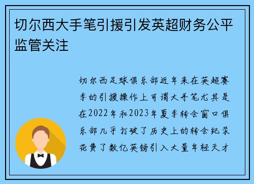 切尔西大手笔引援引发英超财务公平监管关注